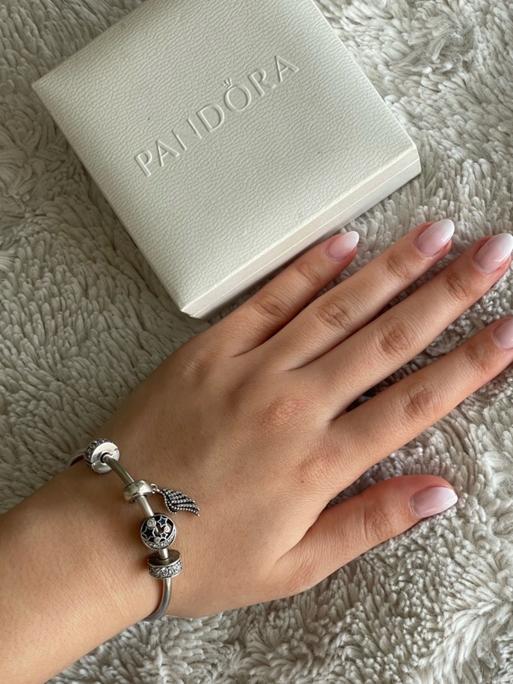 Pandora charm bangle bracelet sterling silver (inc. 4 charms)